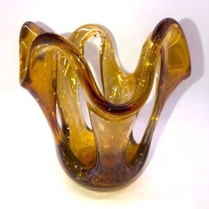 Murano Amber Glass Sculpture Bowl Mid Century Modern 7” H 6” W